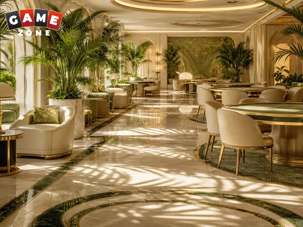 Bright casino lounge with tables and tropical greenery