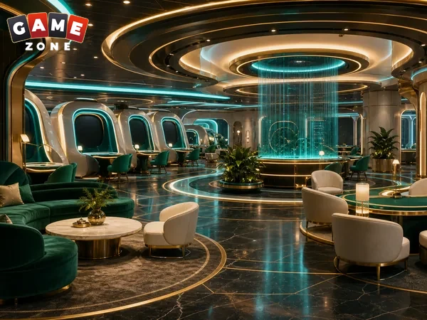 Teal-lit casino lounge with gaming tables and seating