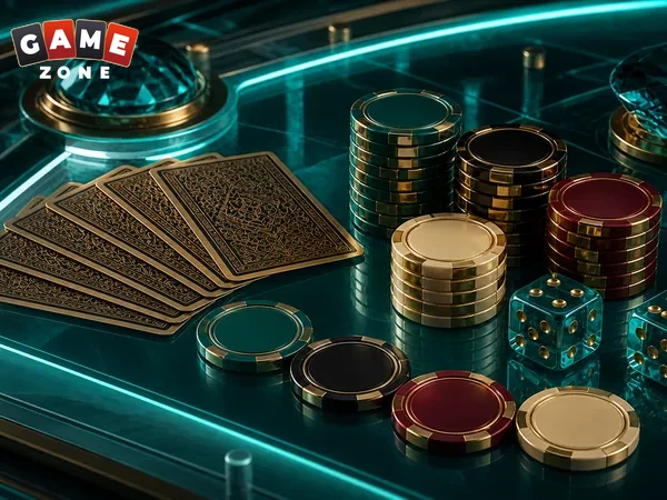 Playing cards, dice, and casino chips on a teal table