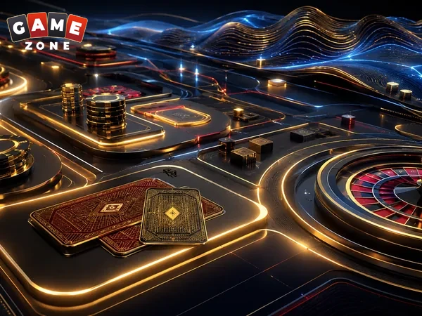 Futuristic casino table with playing cards, chips, and roulette