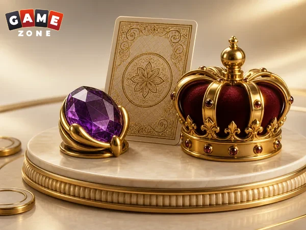 Golden crown, playing card, and purple gemstone display