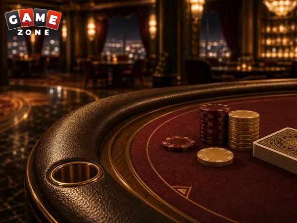 Warm casino card table with neatly stacked gaming chips