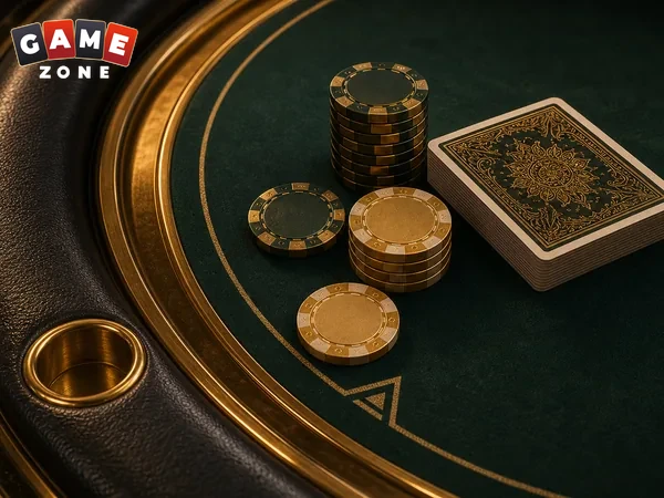 Green felt card table with playing cards and casino chips