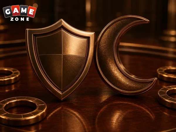 Bronze security shield beside casino chips on a gaming table
