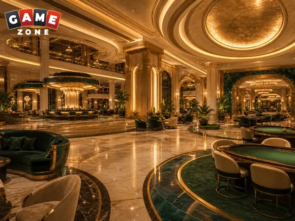 Elegant casino gaming hall with tables and lounge seating