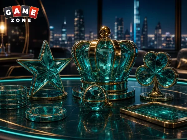Teal glass crown, star, clover, and chips on a casino table