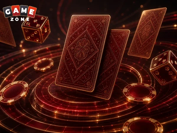 Floating playing cards and dice above a red casino table