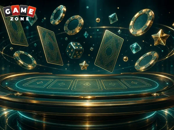 Teal casino table with floating cards, dice, and chips