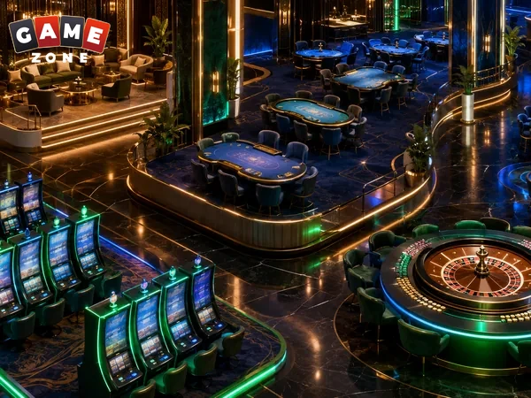 Overhead view of a casino floor with gaming and roulette tables