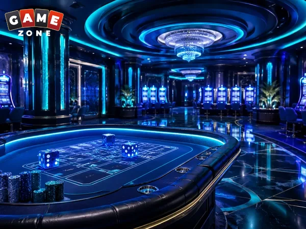 Blue-lit casino table with dice in a modern gaming hall