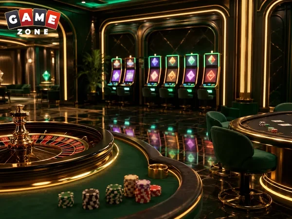 Casino floor with roulette tables and slot machines